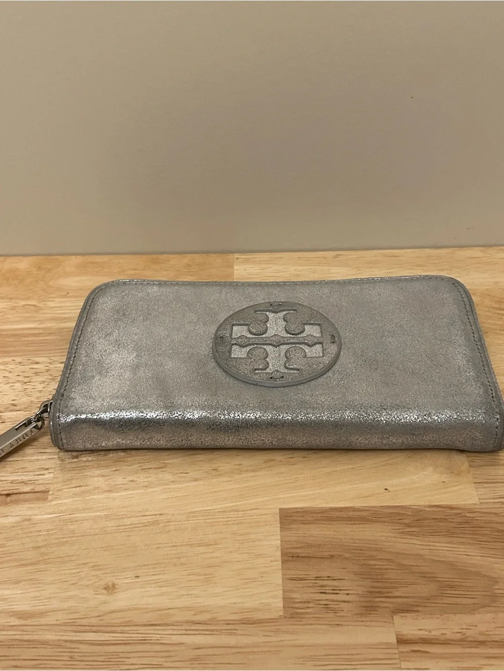 Tory Burch Silver Metallic Logo Zip Wallet